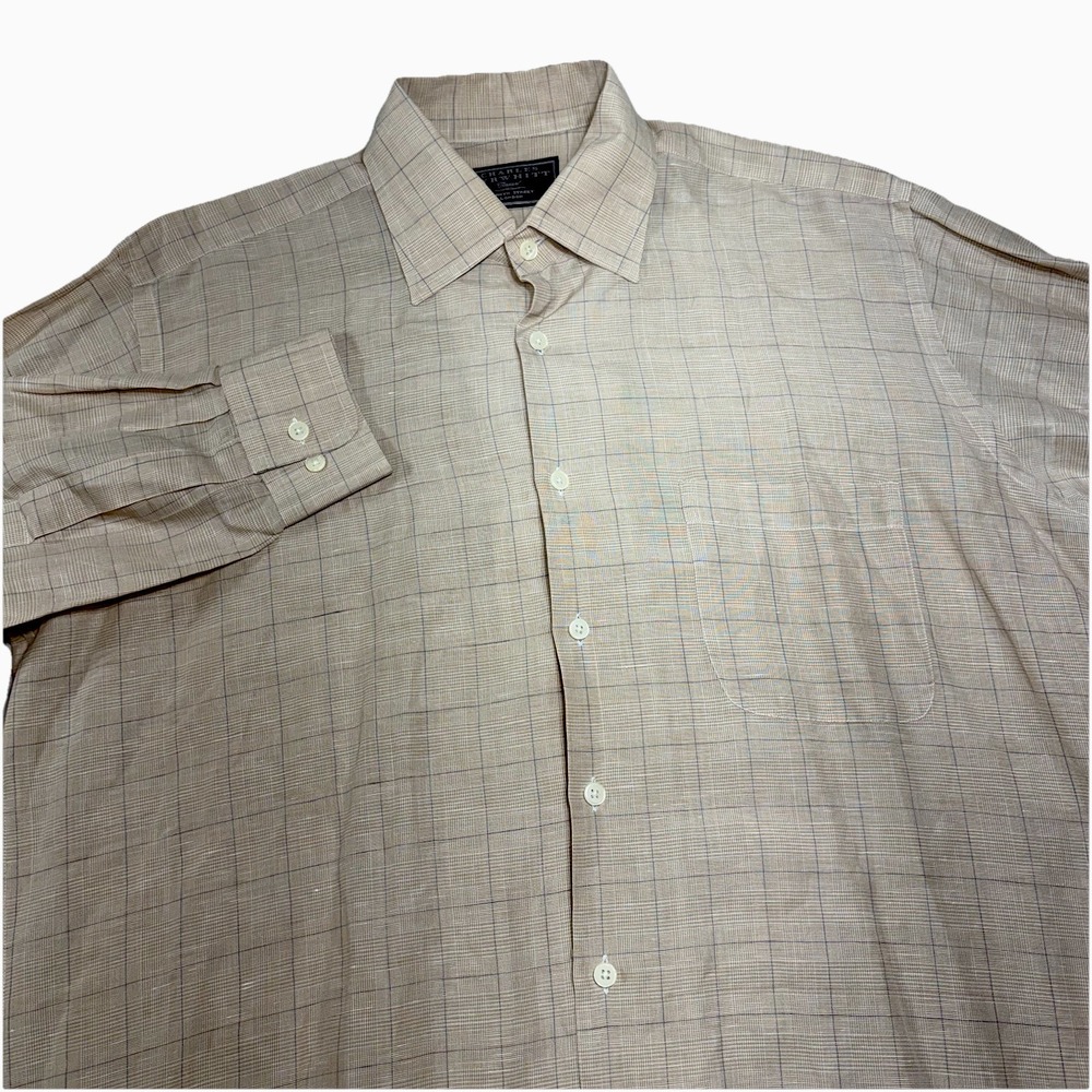 Charles Tyrwhitt Casual Men L Long Sleeve Linen Blend ButtonUp Shirt Plaid Beige